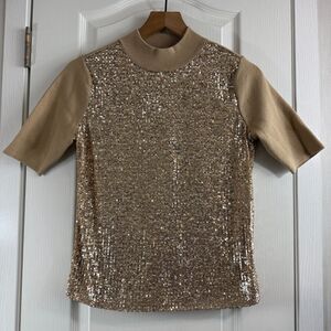 Ann Taylor Petite Gold Sequin Mock Neck Short Sleeve Sweater Size XS P NWT